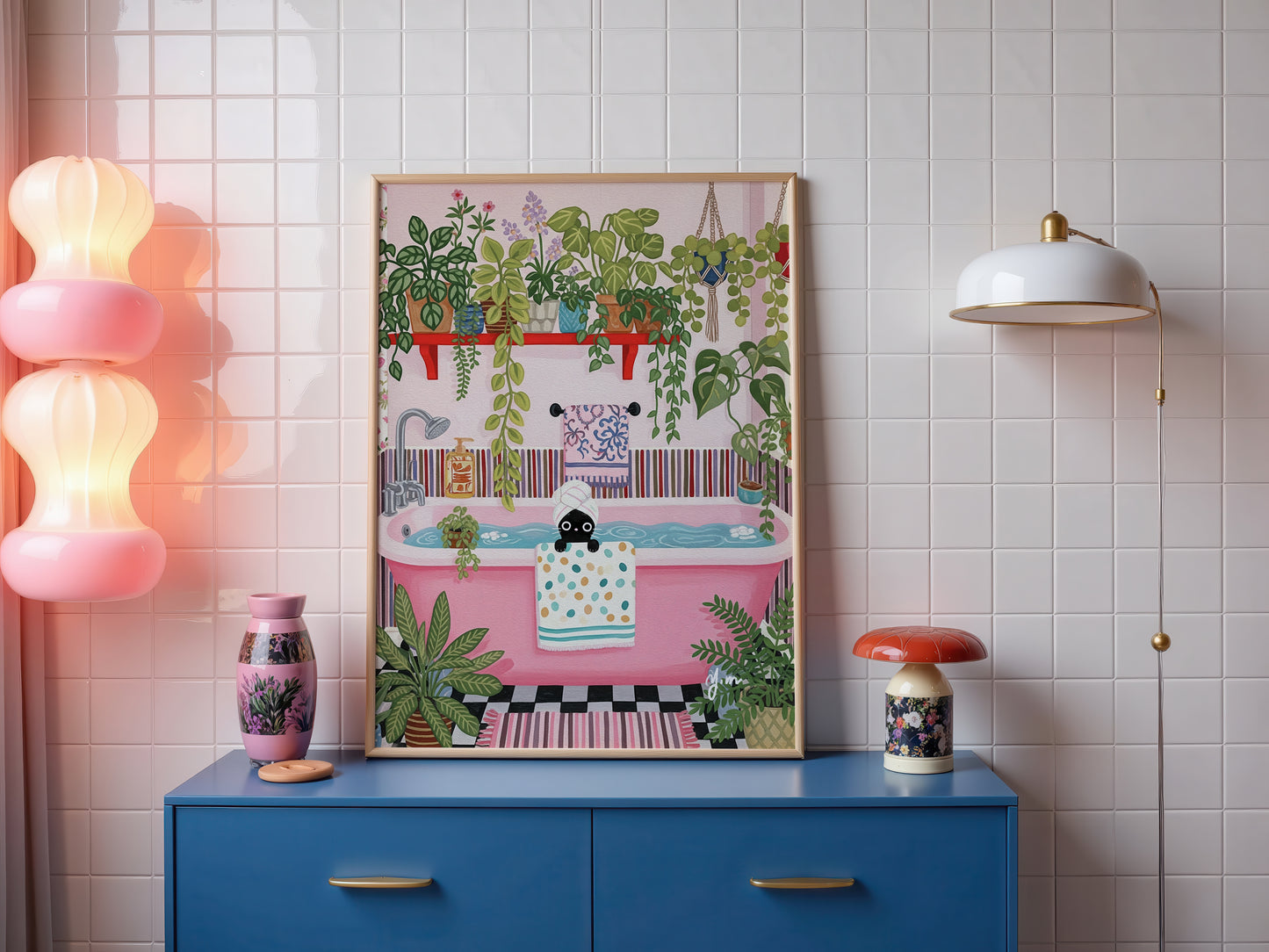 Whimsical Bathroom Illustration with Black Cat in Pink Bathtub and Plants Poster
