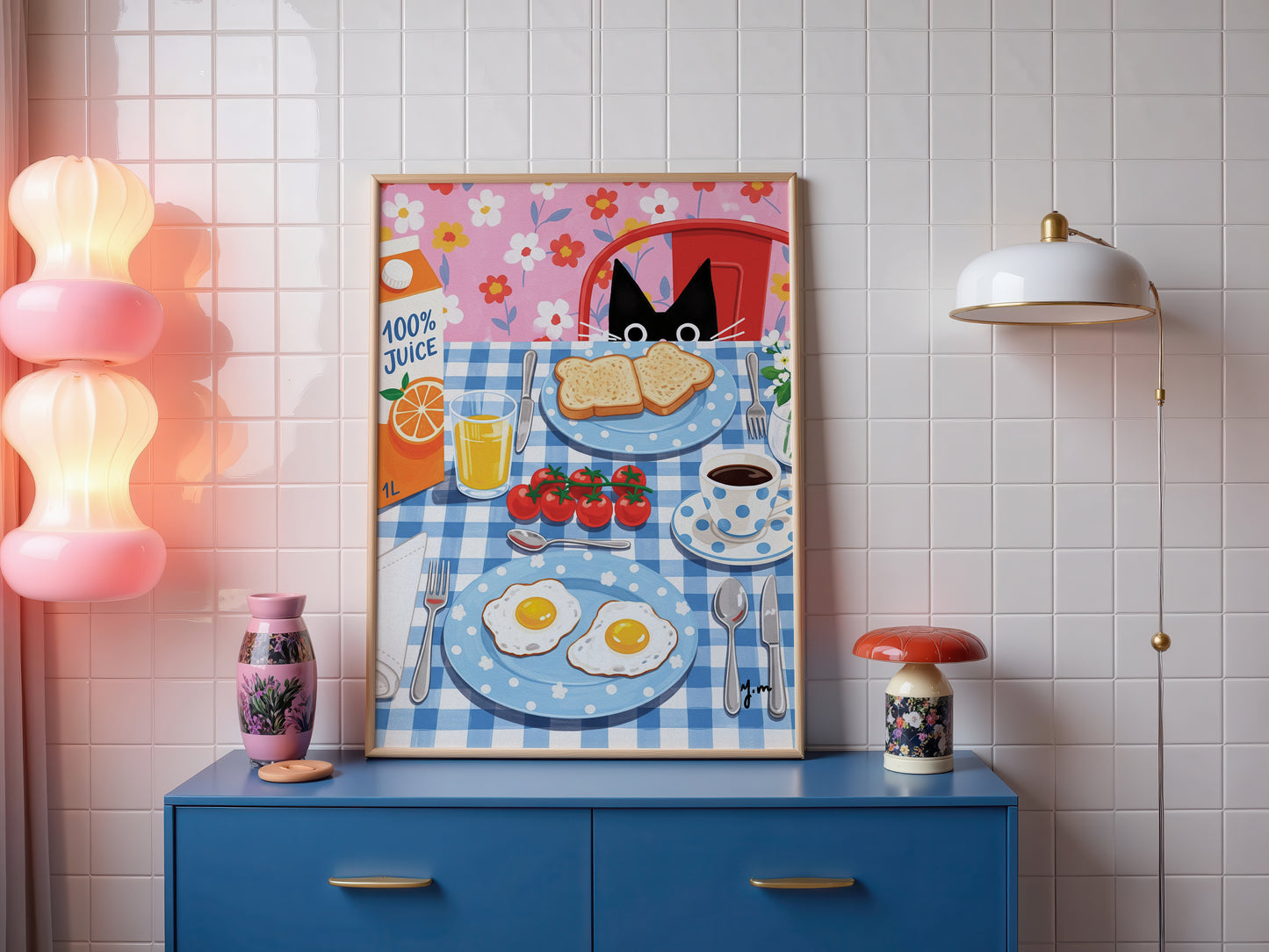 Black Cat Breakfast Art Print Whimsical Kitchen Decor with Eggs, Toast and Juice Print Poster
