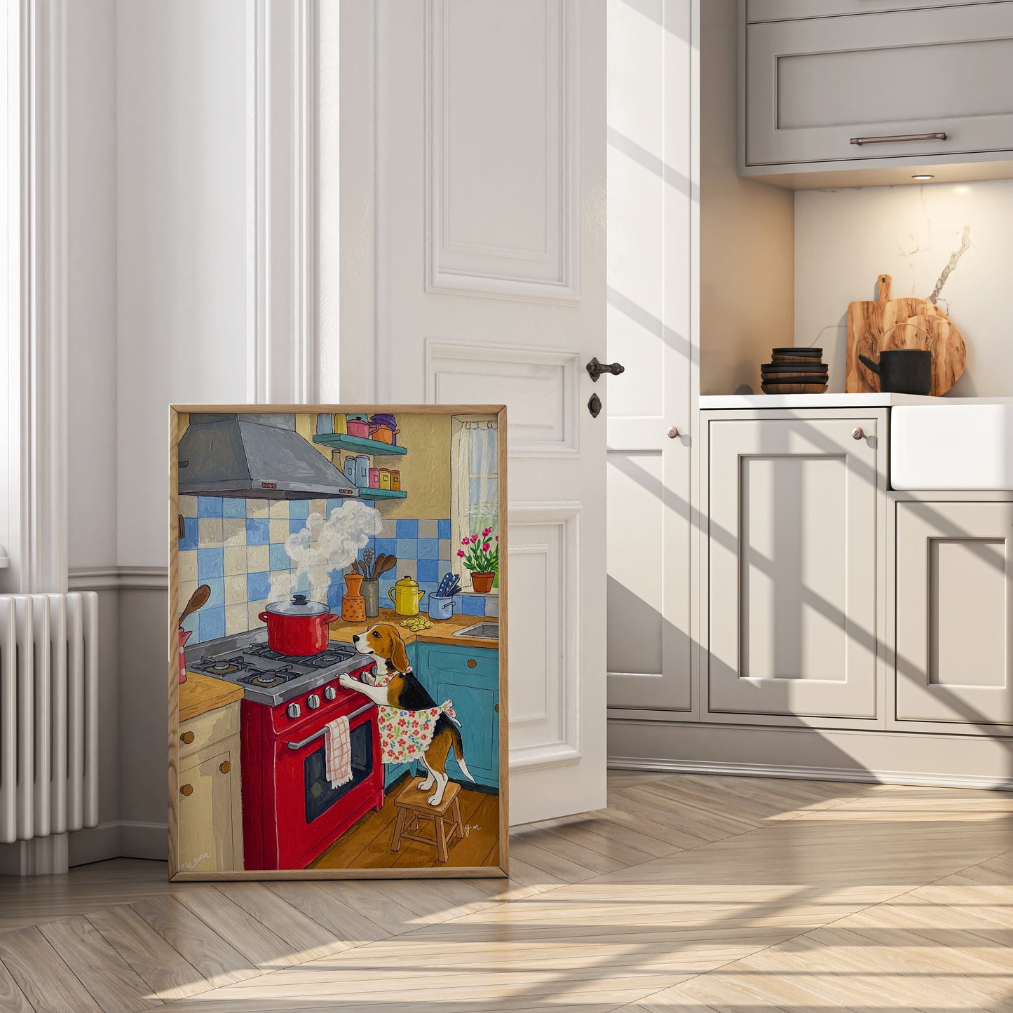 Adorable Dog Chef in Kitchen – Whimsical Cooking Wall Art for Dog Lovers and Cozy Home Decor