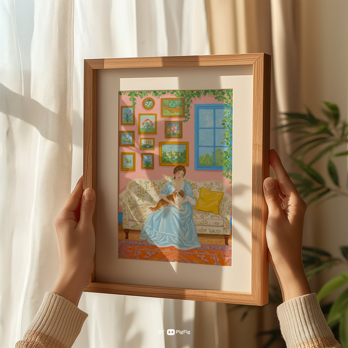 Woman in Blue Lounge Dress Holding Dog on Floral Sofa – Peaceful Colorful Art in Pink Room Interior Poster