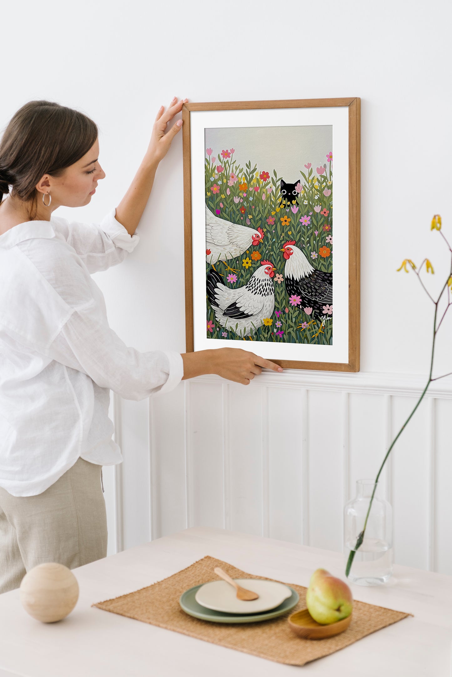 Cute Black Cat Hiding in Flower Field with Chickens – Whimsical Farm Animal Art by YunaMoona