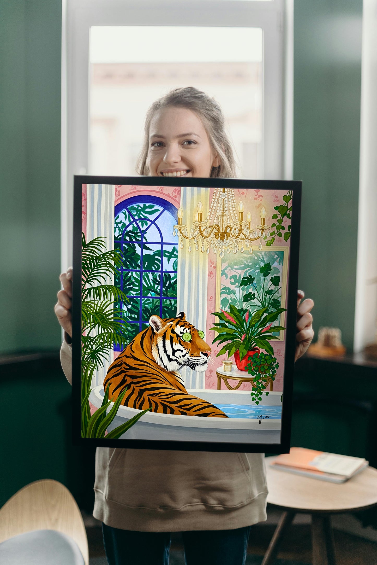 Cute Tiger Bathing Art Print Funny Animal Bathroom Decor Gouache Style Impasto Illustration Unique Wild Animal Portrait Humorous Wall Art Poster