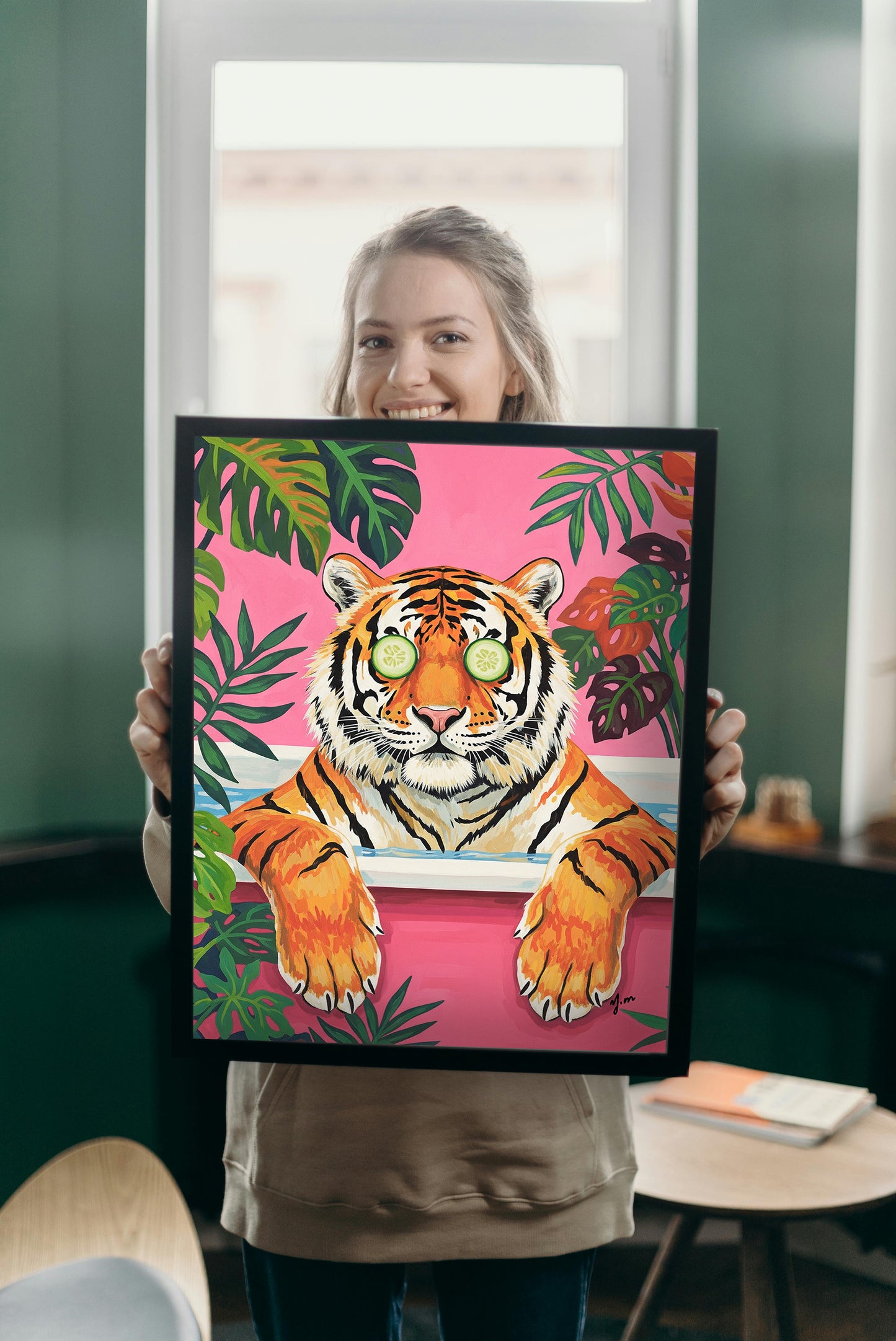 Tropical Tiger Bathtub Print – Maximalist Dopamine Decor for Jungle Bathroom | Fun Animal Wall Art Funny Jungle Animal Print