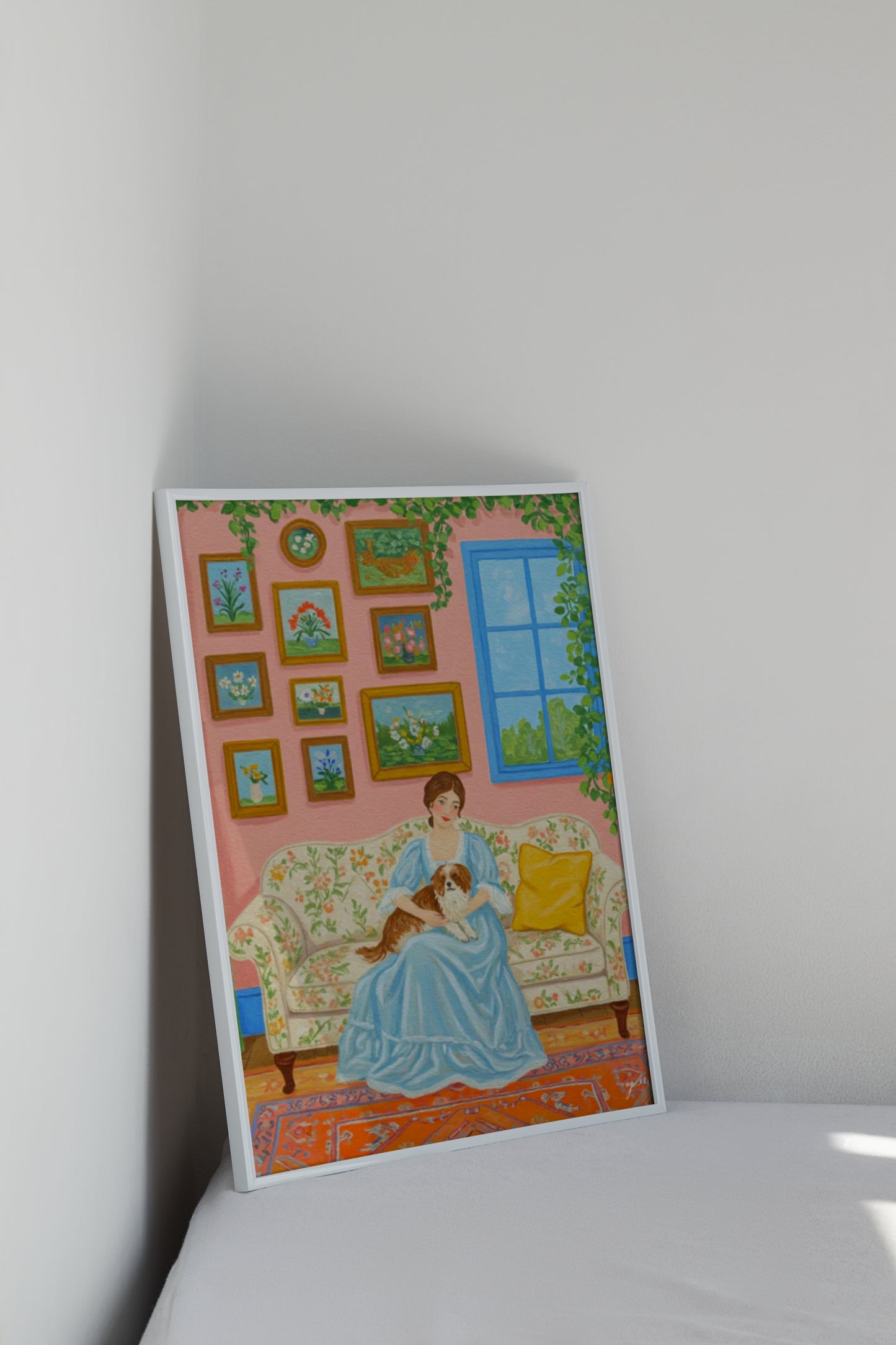 Woman in Blue Lounge Dress Holding Dog on Floral Sofa – Peaceful Colorful Art in Pink Room Interior Poster