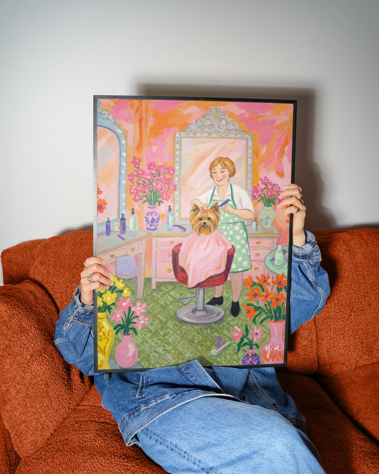 Yorkshire Terrier getting styled at hair salon vibrant pink and orange floral background cute dog art print wall decor Poster