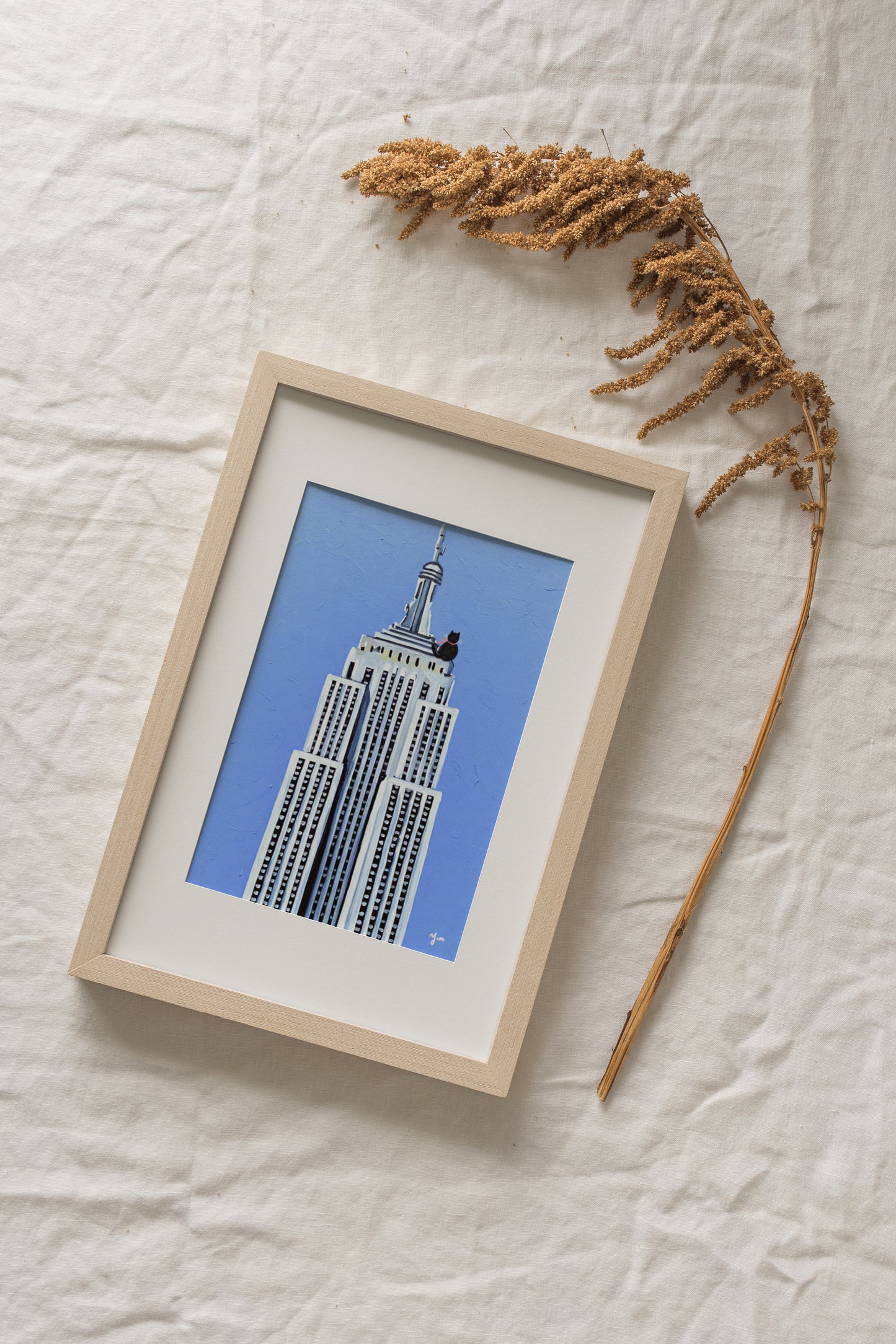 Cat on a Rooftop in New York City Blue Sky and White Building Wall Art Print Poster