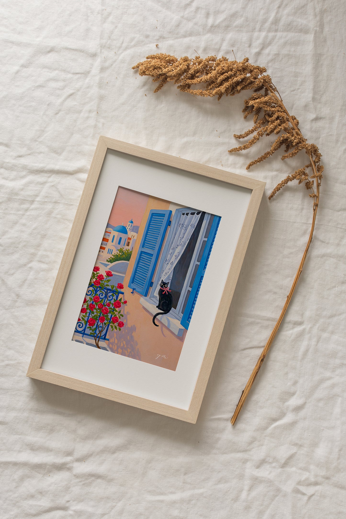 Santorini Cat Window Art – Black Cat with Red Bow in Greek Island Sunset, Mediterranean Wall Decor
