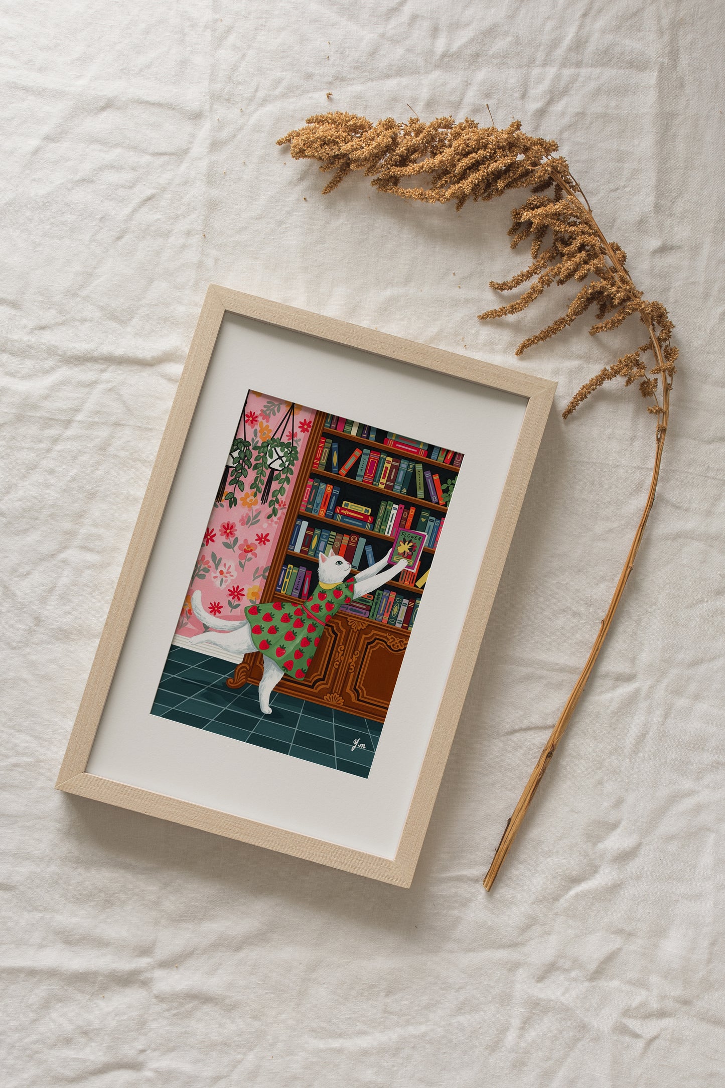 Cat Art Print White Cat in Strawberry Dress Reaching for Books Whimsical Library Wall Decor