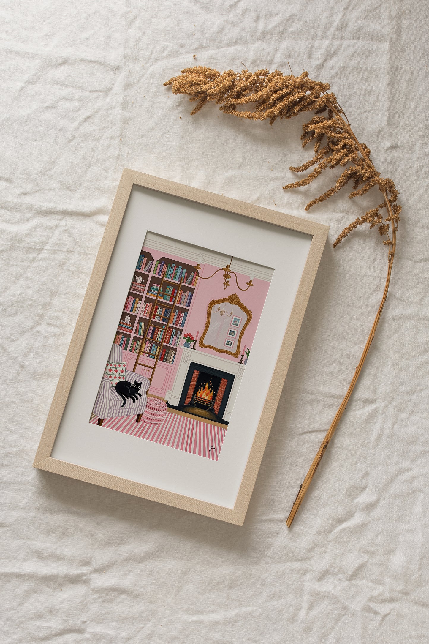 Cozy Pink Reading Room Illustration with Black Cat and Fireplace Poster