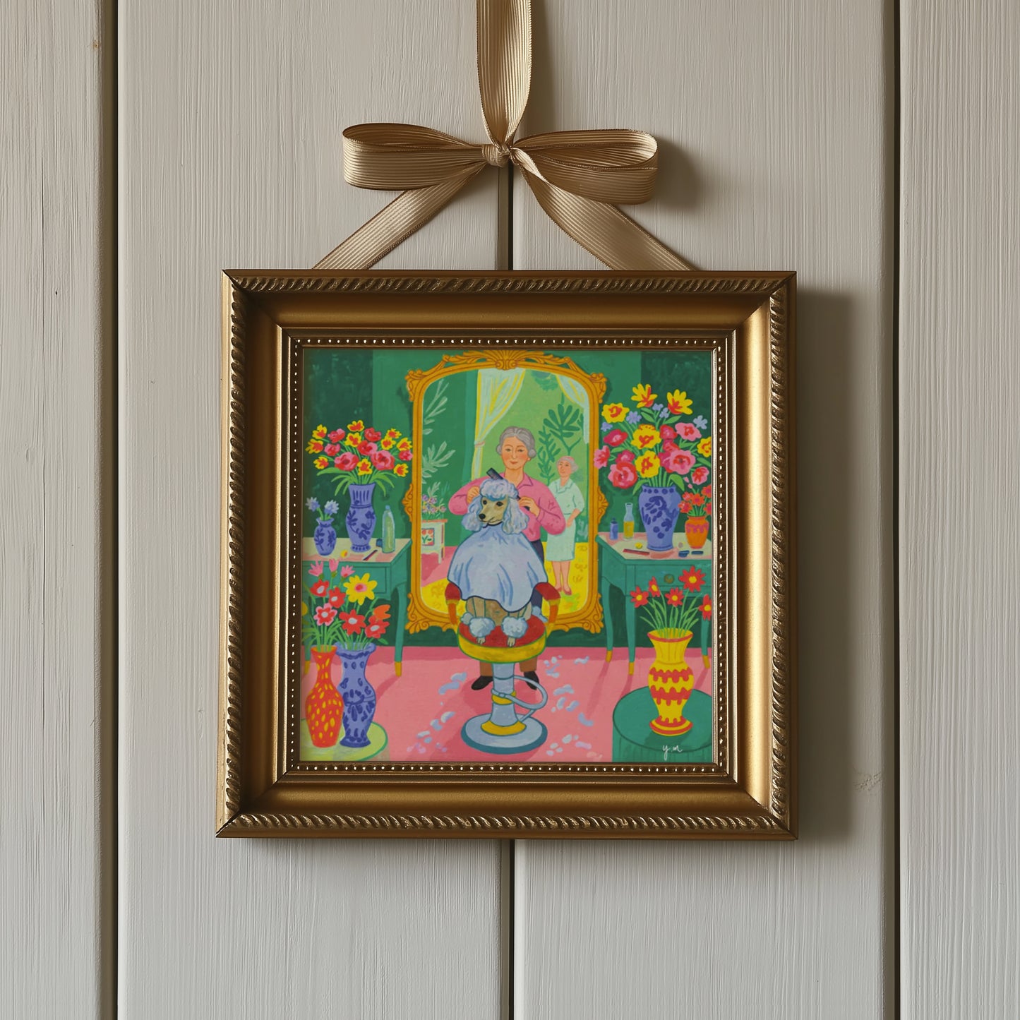 Toy Poodle Hair Salon Wall Art Green Floral Dog Grooming Illustration for Pet Lovers Poster