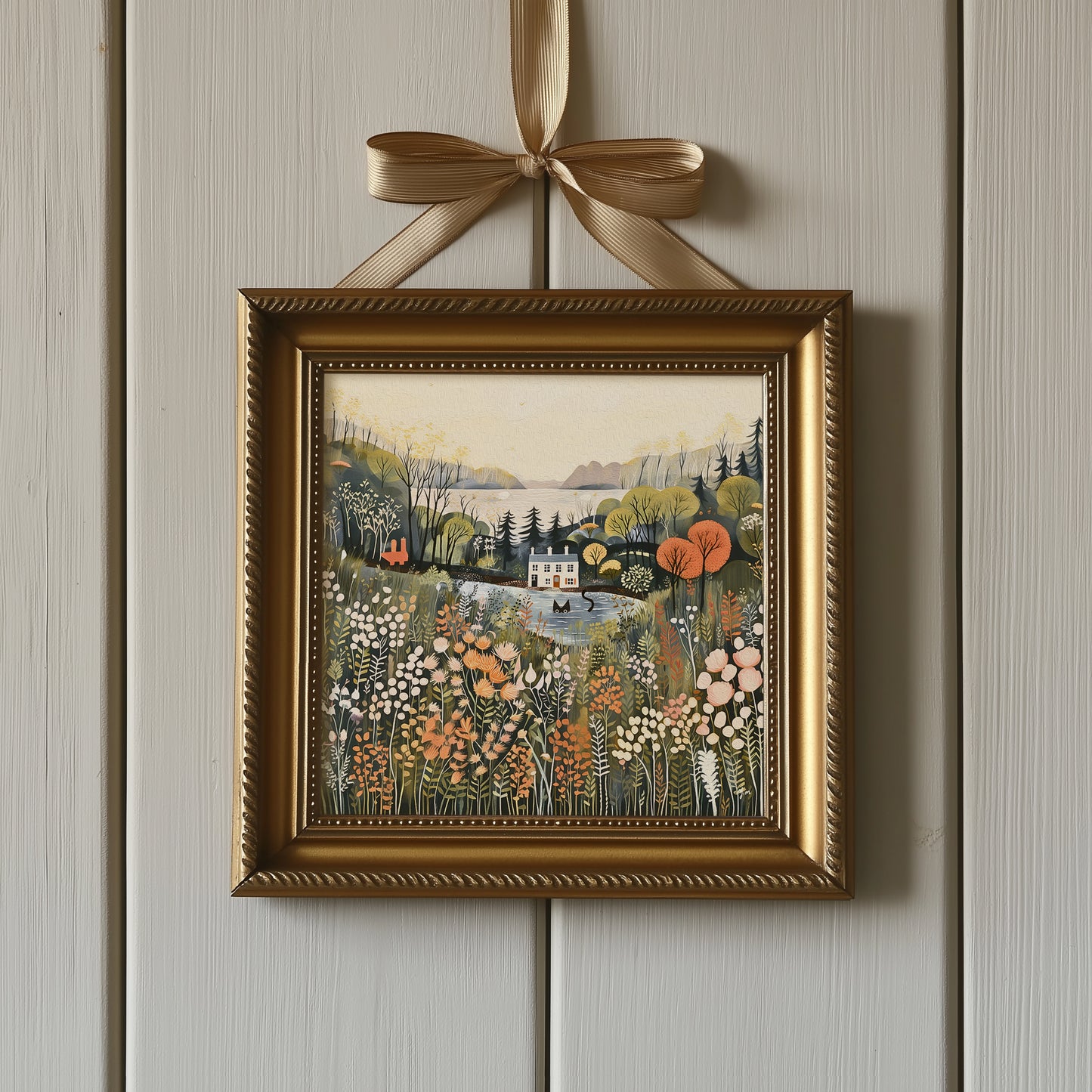 Black Cat in Pond with Summer Blooms Square Wall Art – Greenery Country Landscape Print Rare Farmhouse Floral Poster