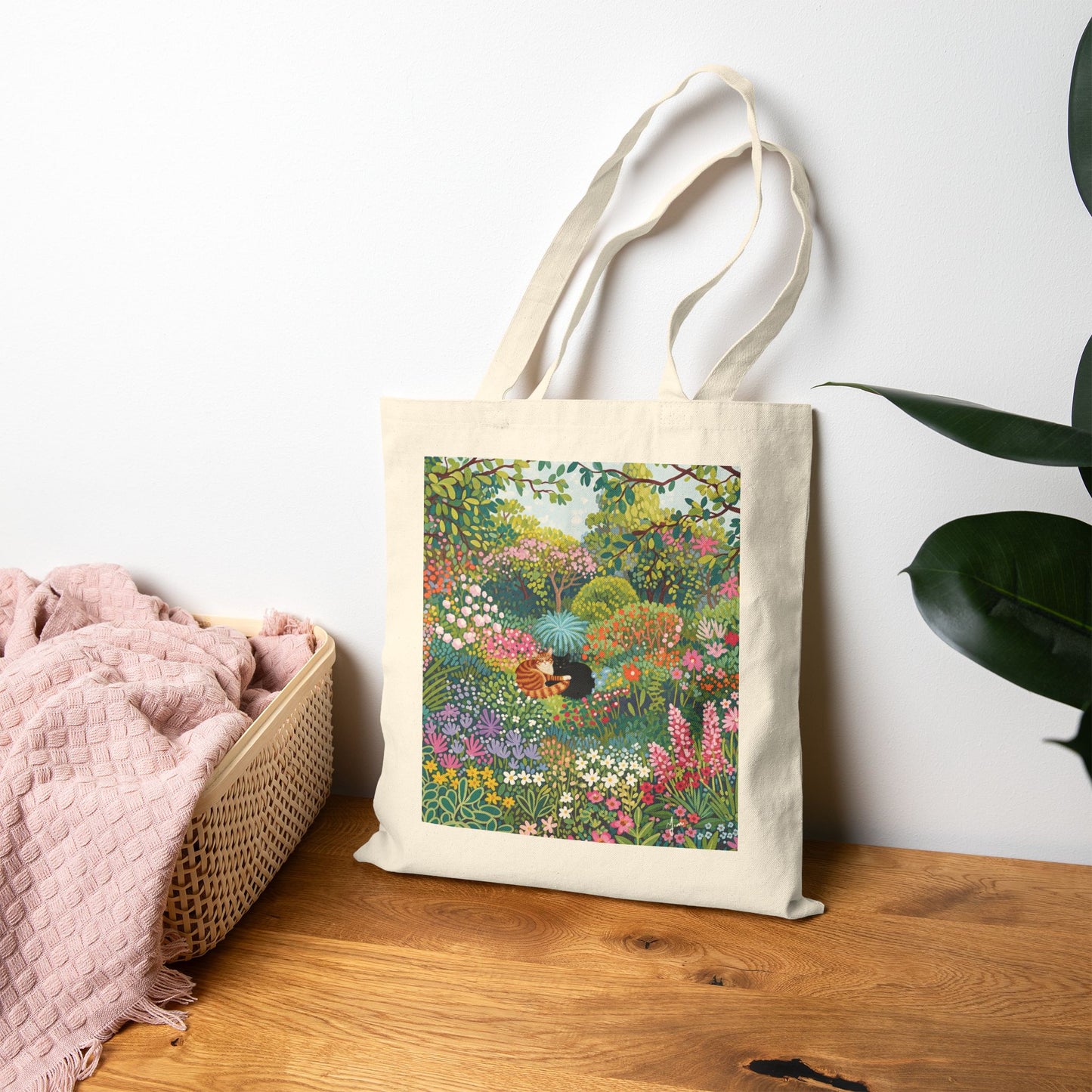 Floral Garden Tote Bag - Eco-Friendly Carryall for Nature Lovers, Reusable Shopping Bag, Gift for Her, Summer Outings, Art-Inspired, Cute Cat Couple Tote Bag