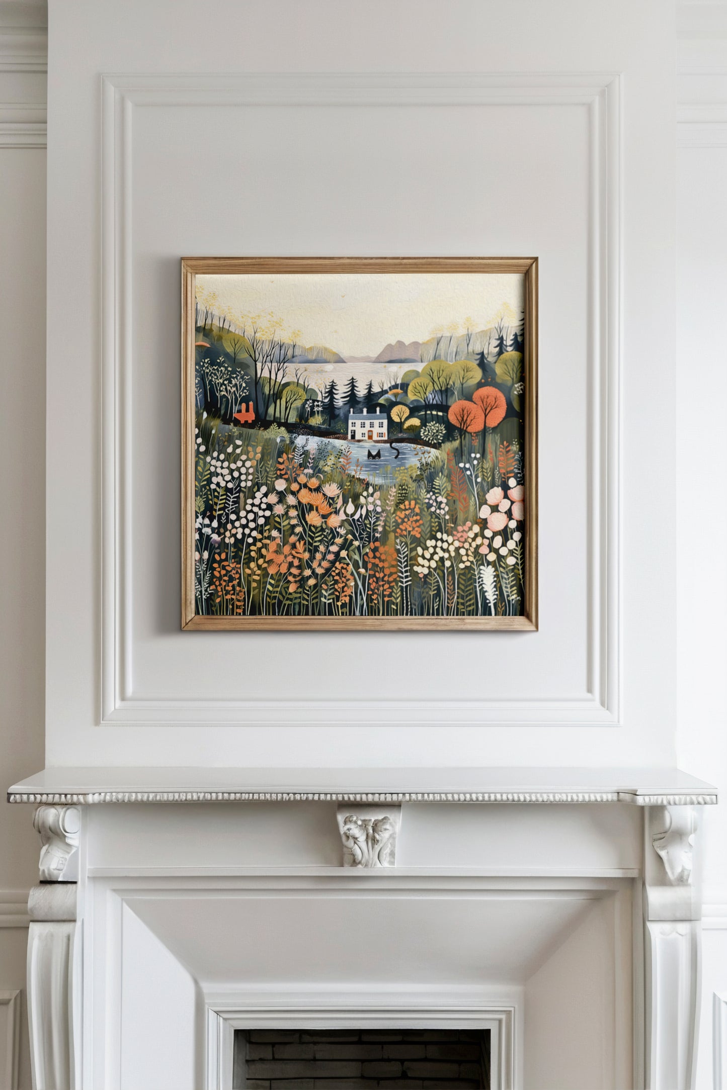 Black Cat in Pond with Summer Blooms Square Wall Art – Greenery Country Landscape Print Rare Farmhouse Floral Poster