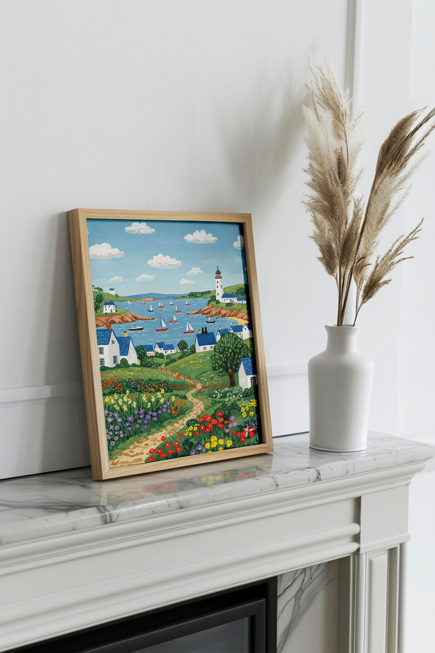 Couple Cat on the Roof Countryside Ocean Landscape Painting Countryside Sea Lighthouse Handdrawn Coastal Wildflower Field Beach Illustration