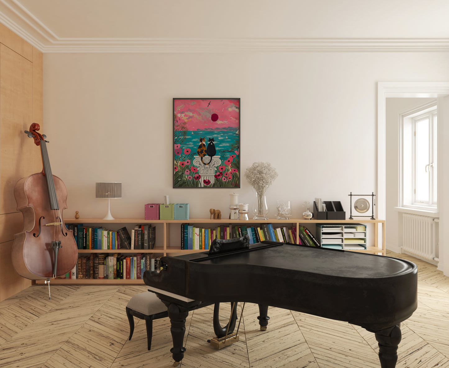 Two cats watching a seaside sunset floral garden painting coastal romantic cat art by YunaMoona