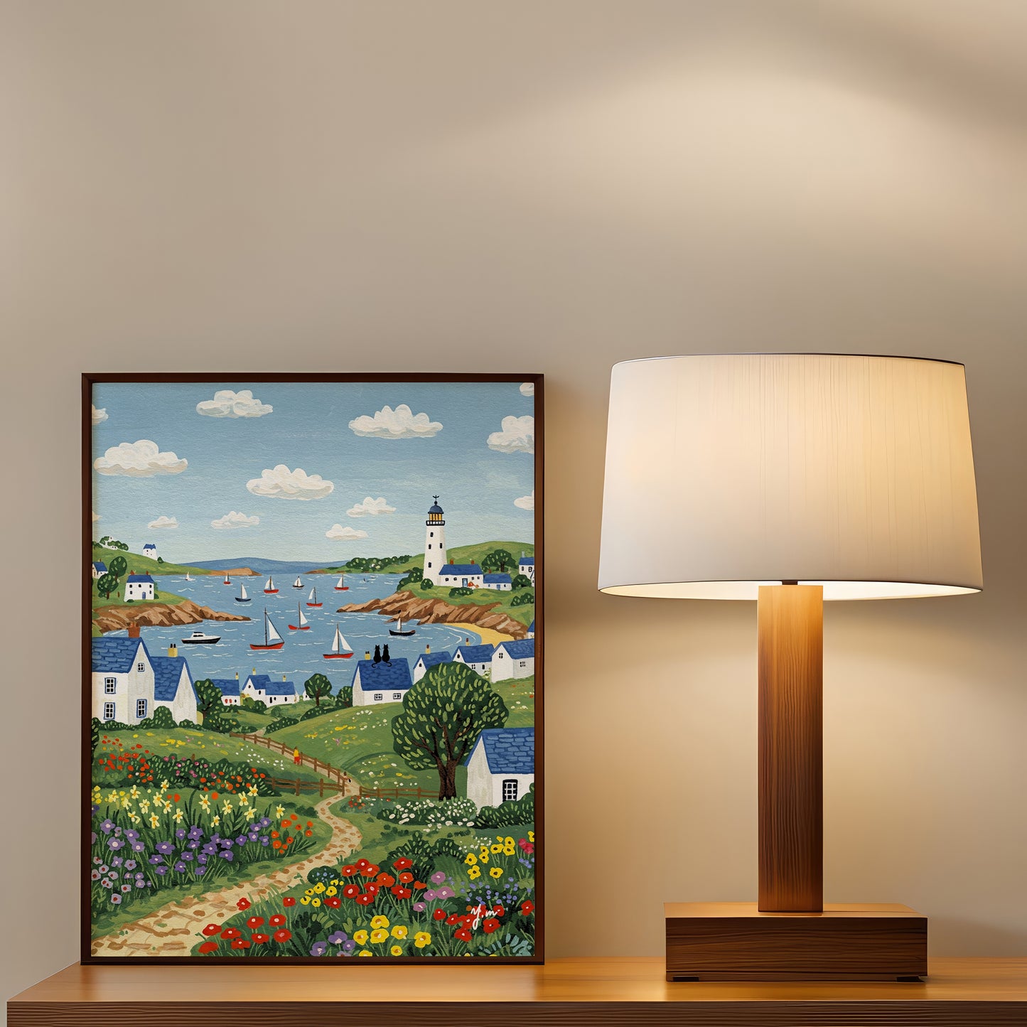 Couple Cat on the Roof Countryside Ocean Landscape Painting Countryside Sea Lighthouse Handdrawn Coastal Wildflower Field Beach Illustration
