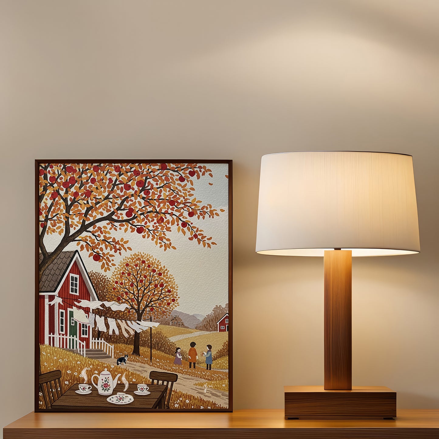Autumn Countryside Stroll Tuxedo Cat Art Print – Cozy Fall Village Scene with Walking Cat – Rustic Landscape Decor for Cat Lovers
