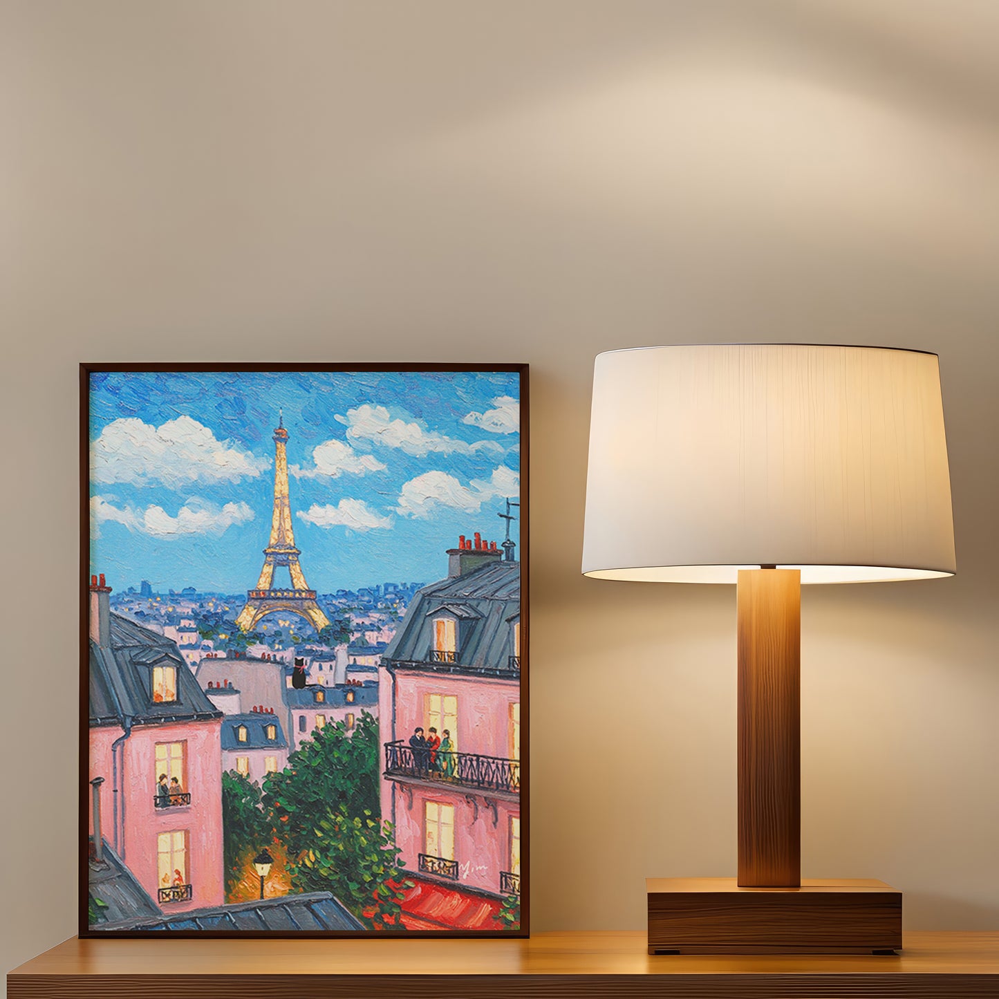 Paris Eiffel Tower Art Print Romantic Cityscape Wall Decor French Balcony Scene Poster