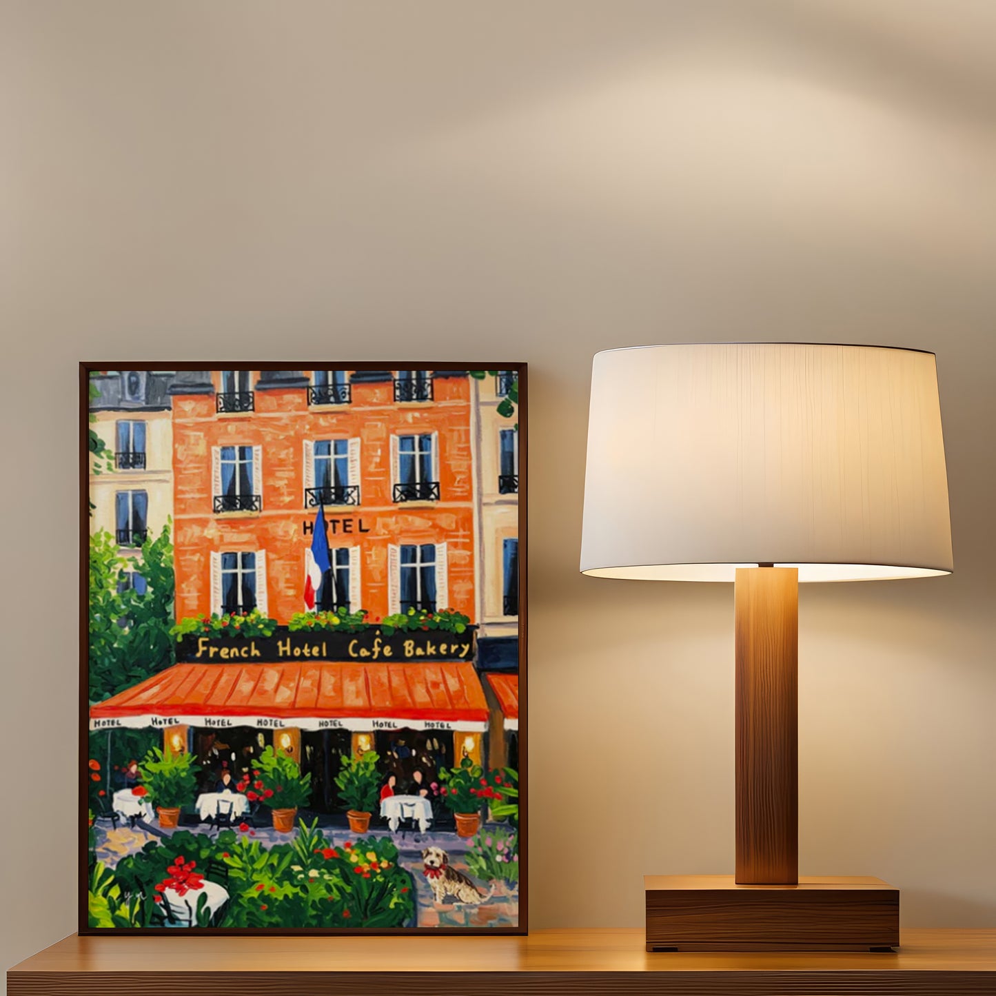 French Hotel Lobby Café Cozy Orange Interior with Garden and Cute Dog Poster, Breakfast Art, Brunch Café Interior Illustration