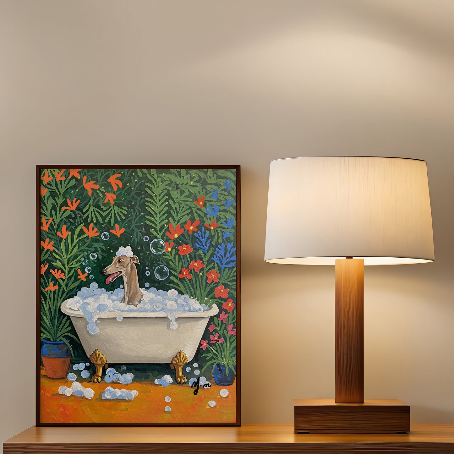 Hound Dog Bubble Bath in the Jungle – Whimsical Dog Spa Art, Funny Nature Bath Poster