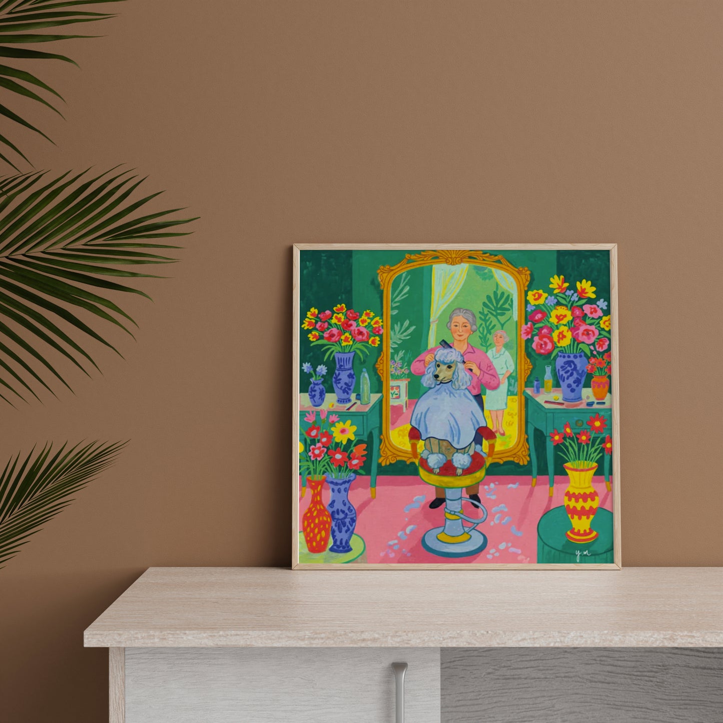 Toy Poodle Hair Salon Wall Art Green Floral Dog Grooming Illustration for Pet Lovers Poster