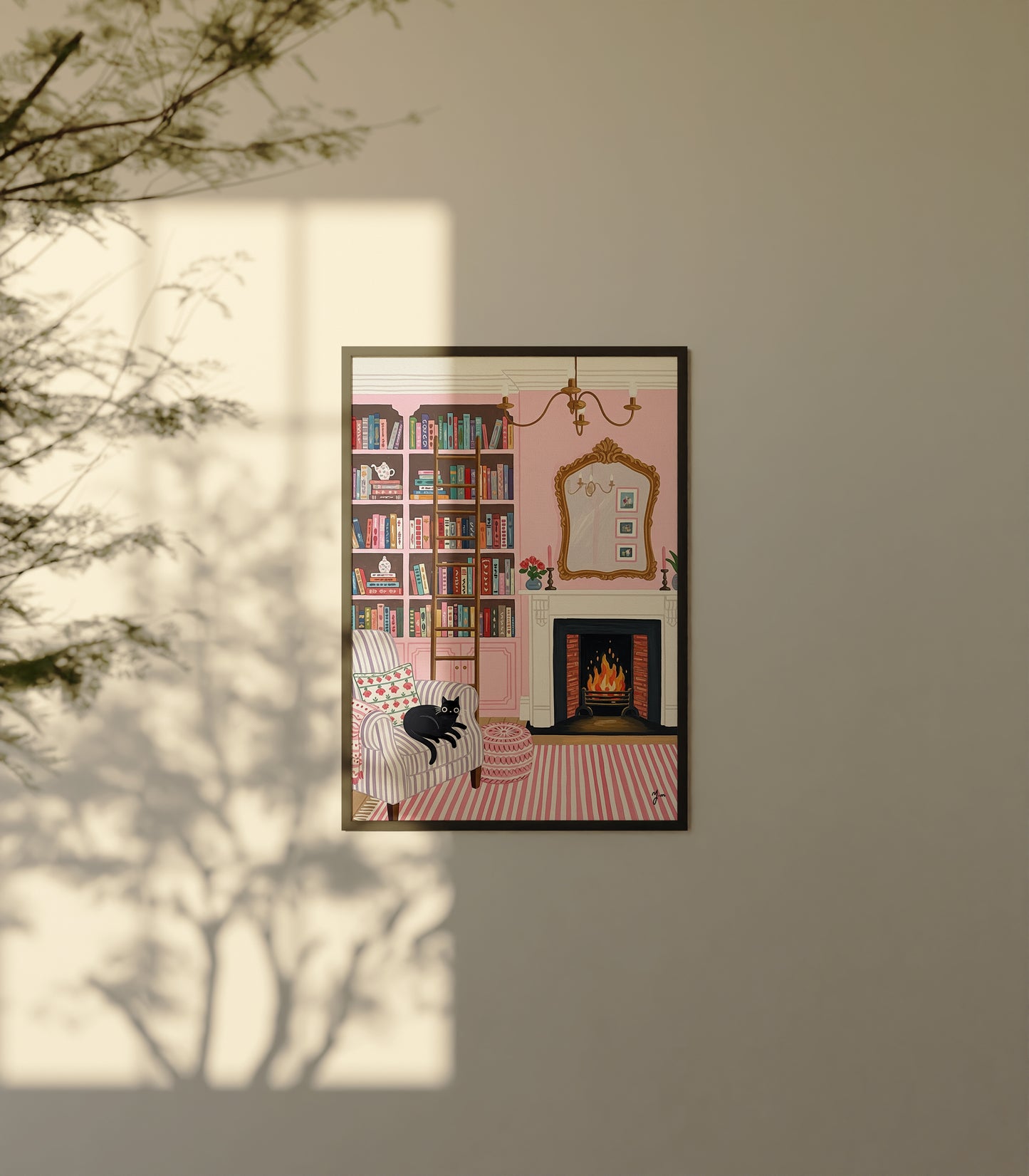 Cozy pink reading room illustration with bookshelves, fireplace, striped armchair, and a black cat resting.