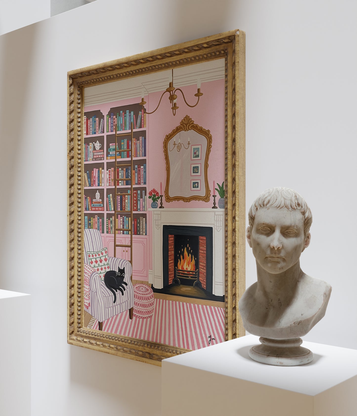 Cozy Pink Reading Room Illustration with Black Cat and Fireplace Poster