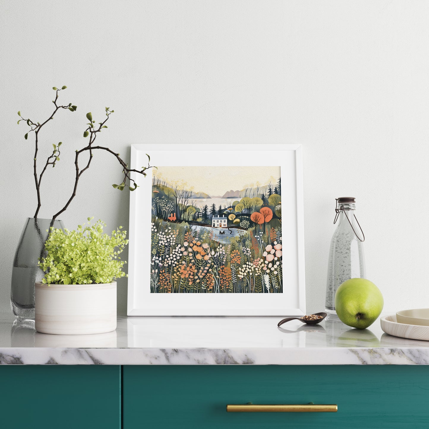 Black Cat in Pond with Summer Blooms Square Wall Art – Greenery Country Landscape Print Rare Farmhouse Floral Poster