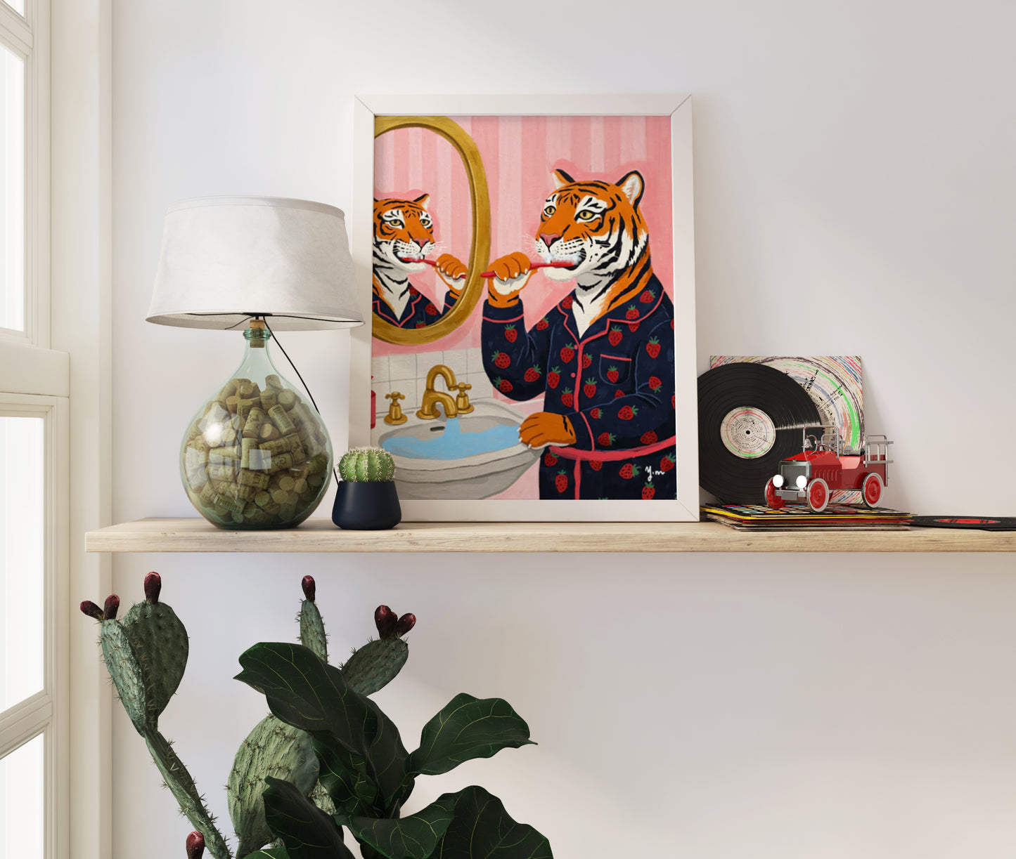 Tiger brushing teeth in pink bathroom mirror cute animal illustration fun kids room art print wall decor gift Poster