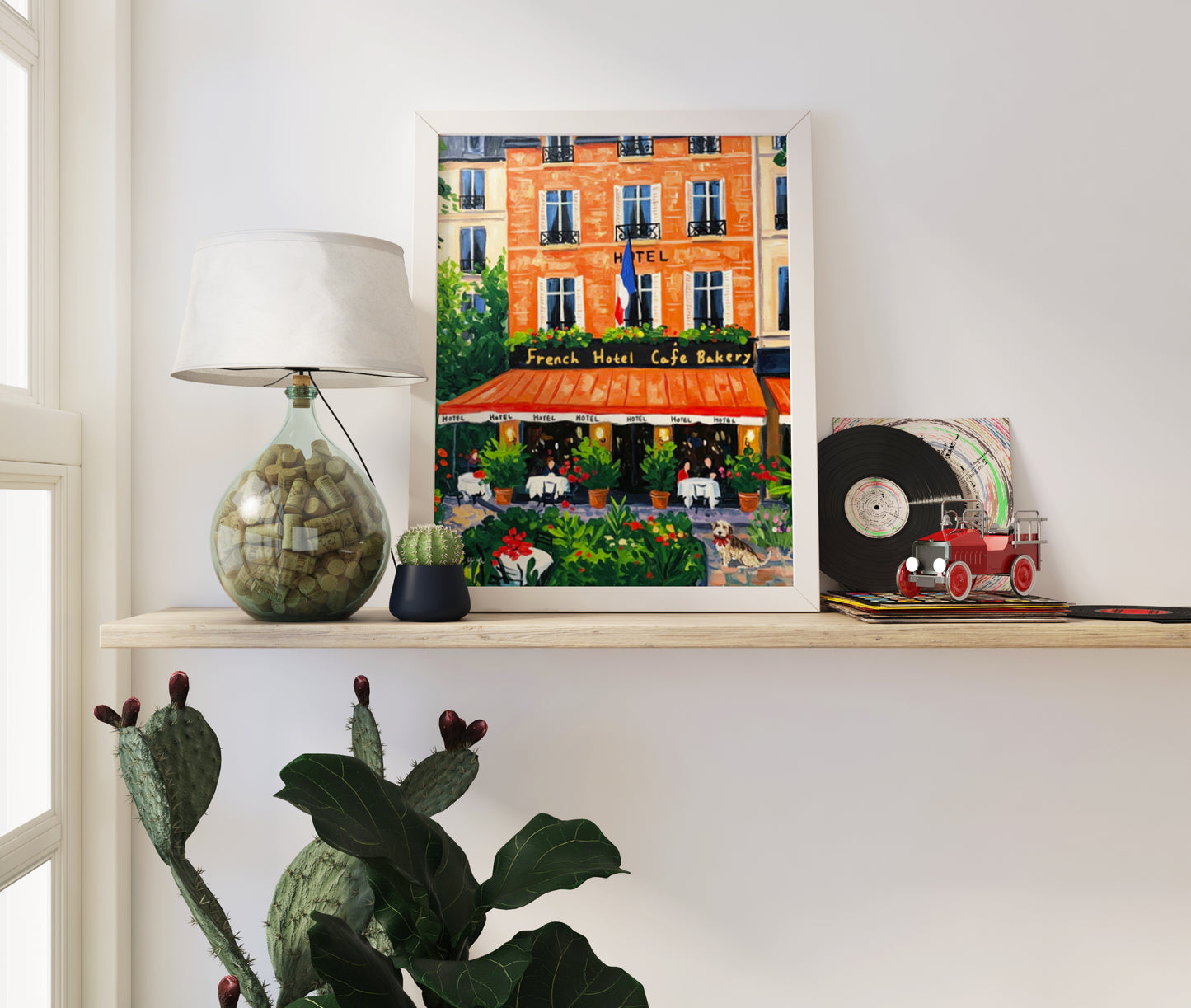 French Hotel Lobby Café Cozy Orange Interior with Garden and Cute Dog Poster, Breakfast Art, Brunch Café Interior Illustration