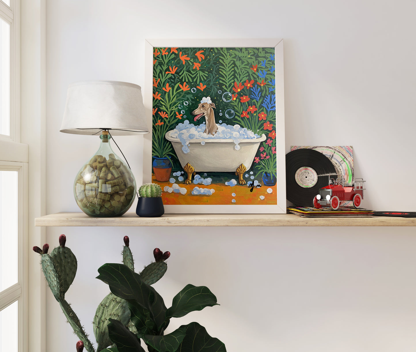 Hound Dog Bubble Bath in the Jungle – Whimsical Dog Spa Art, Funny Nature Bath Poster