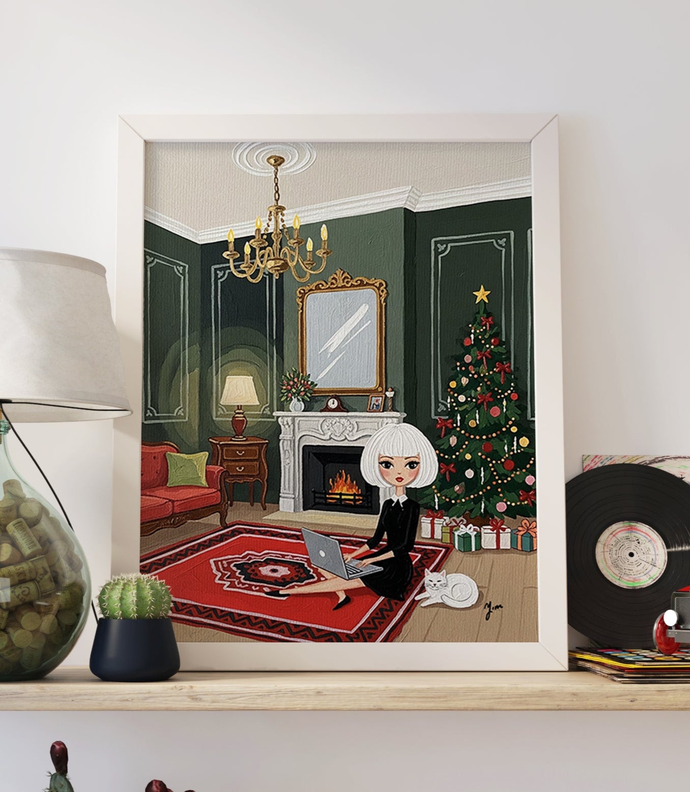 Illustration of a chic woman with short white hair sitting on a red rug using a laptop beside a fireplace, with a decorated Christmas tree and a white cat resting nearby in a cozy holiday interior.