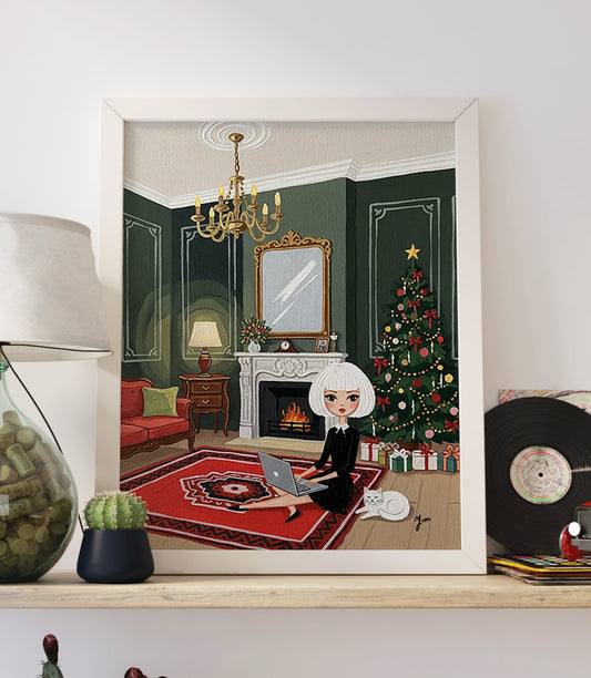 Illustration of a chic woman with short white hair sitting on a red rug using a laptop beside a fireplace, with a decorated Christmas tree and a white cat resting nearby in a cozy holiday interior.