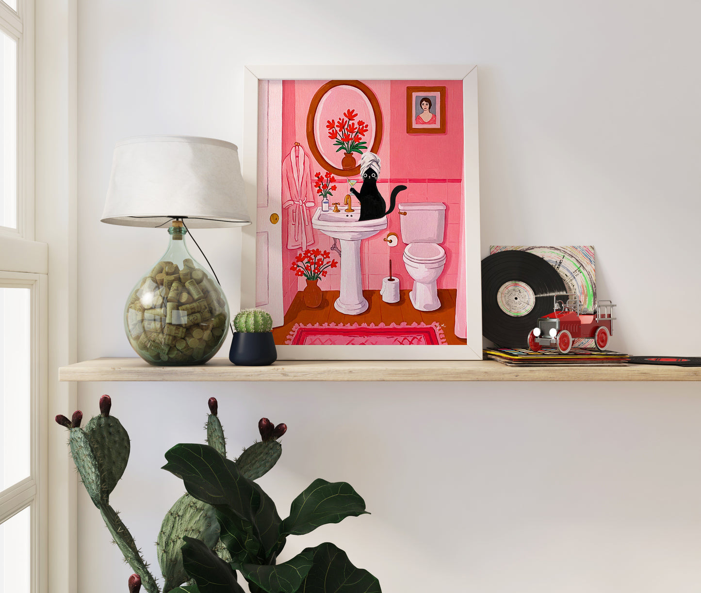 Black Cat with Martini in Pink Bathroom Sink Funny Cat Chic Bathroom Whimsical Cat Art