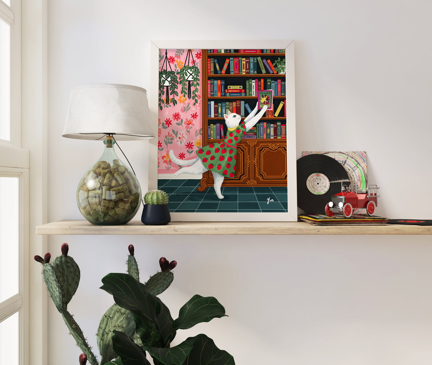 Cat Art Print White Cat in Strawberry Dress Reaching for Books Whimsical Library Wall Decor