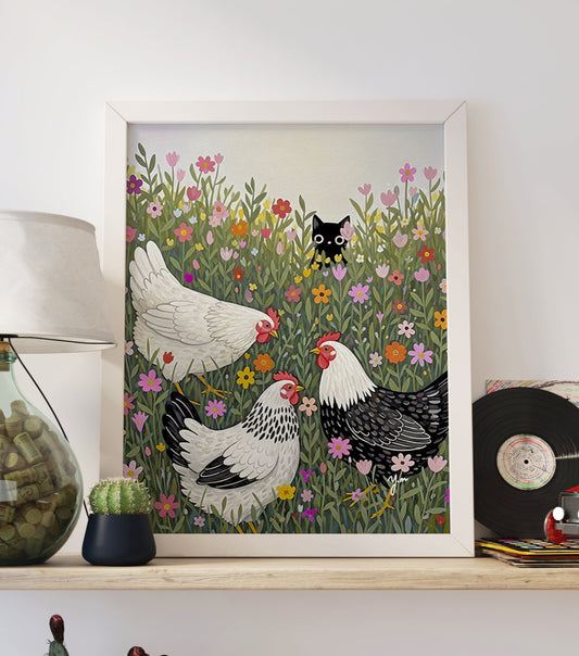 Cute Black Cat Hiding in Flower Field with Chickens – Whimsical Farm Animal Art by YunaMoona