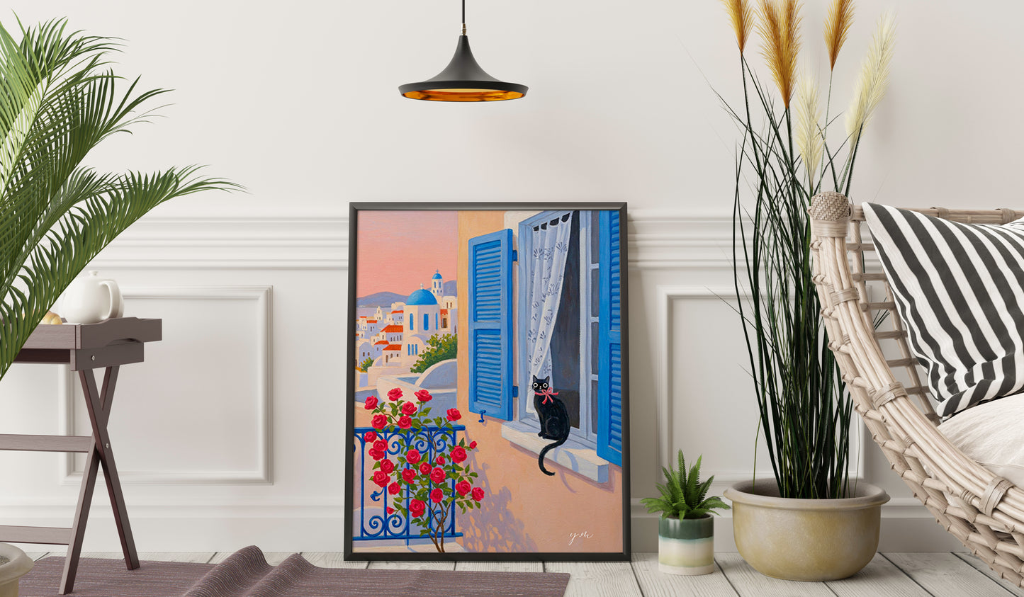 Santorini Cat Window Art – Black Cat with Red Bow in Greek Island Sunset, Mediterranean Wall Decor