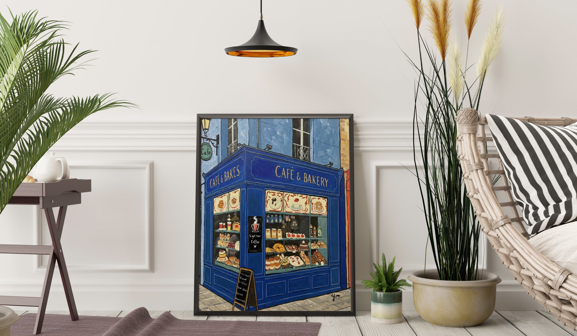 Whimsical blue Parisian café and bakery illustration with bread and pastries on a charming French street, perfect for kitchen wall decor