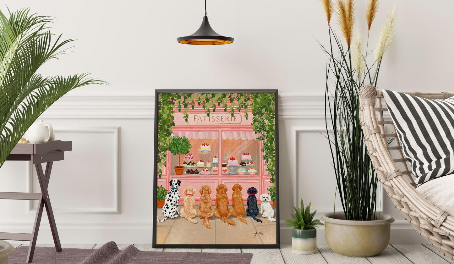 Adorable Puppies Sitting in a Row Waiting for Treats in Front of a Whimsical Pastry & Dessert Shop