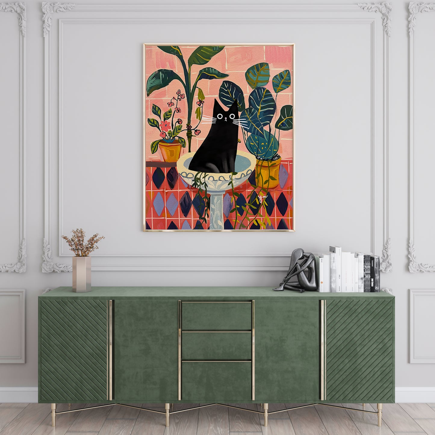 Black Cat Art Print in Tropical Indoor Garden Whimsical Illustration for Plant and Cat Lovers