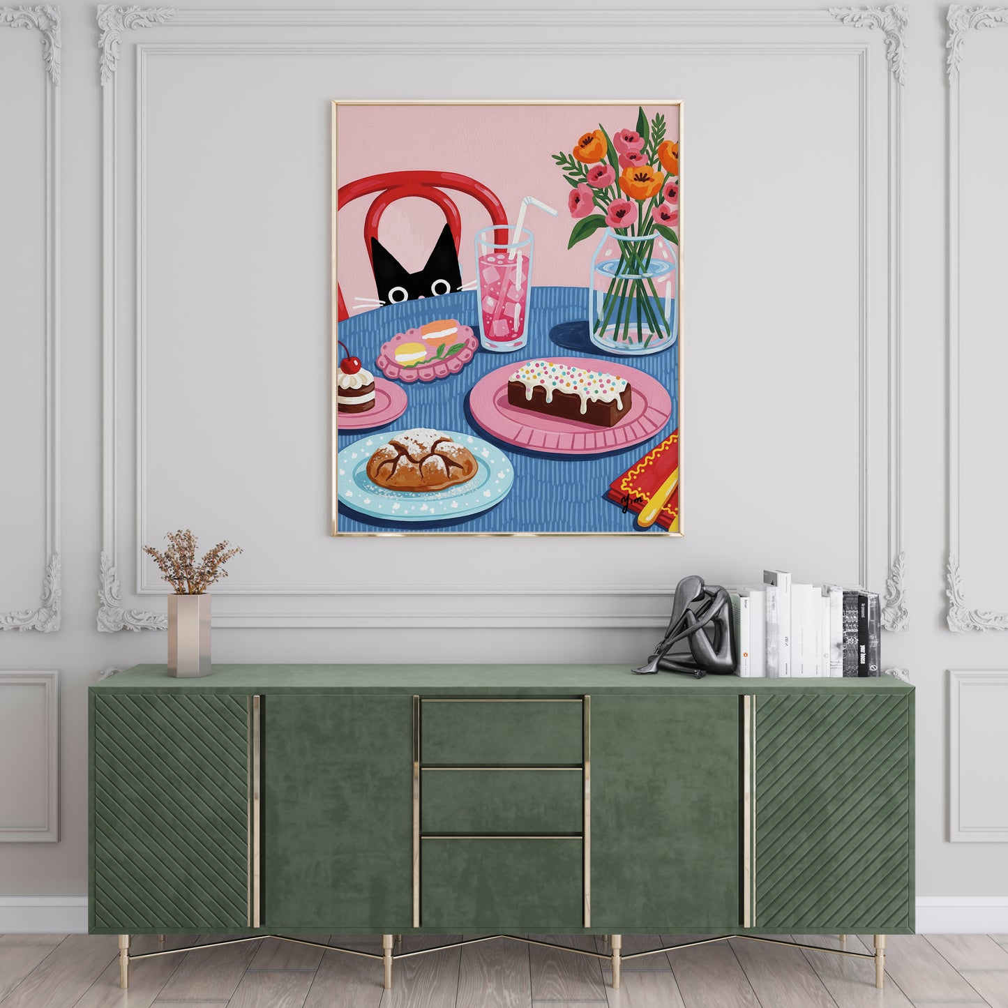 Curious Cat Dessert Table Art Print – Whimsical Sweets and Floral Illustration Poster