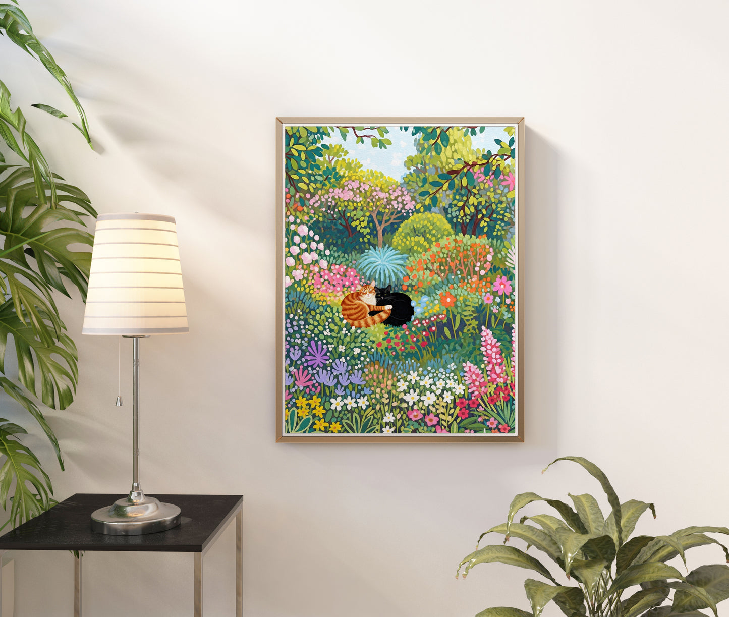 Botanical Flower Garden with Couple Cat Print Poster Plant Cat Print living room modern cat poster Vibrant Colorful Floral Art Watercolor Cat
