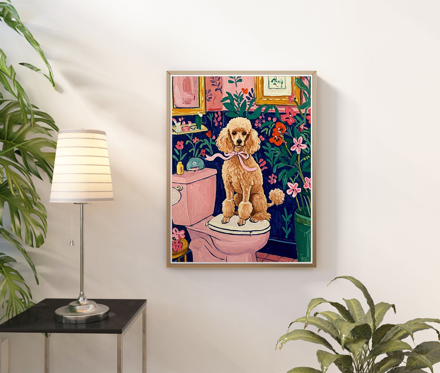 Toy poodle on Toilet Aesthetic pink bathroom wall art Henri Matisse art print Dopamine decor Gift for dog lovers Funny dog poster Fluffy dog