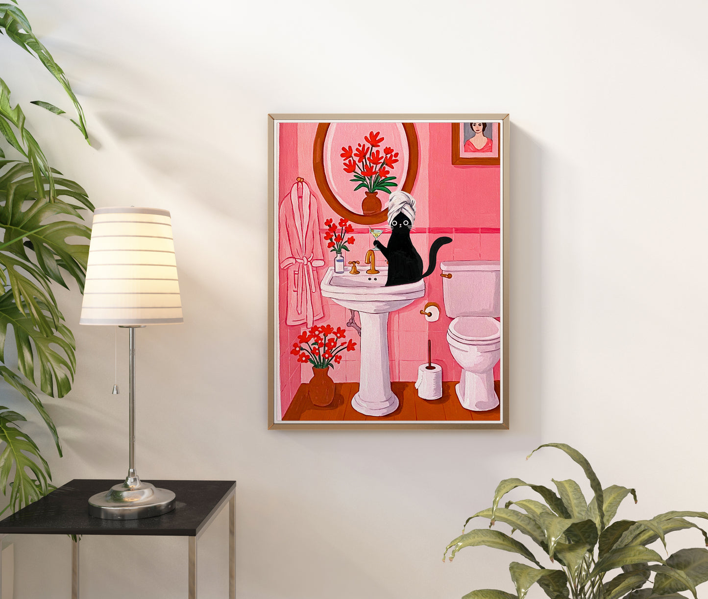 Black Cat with Martini in Pink Bathroom Sink Funny Cat Chic Bathroom Whimsical Cat Art