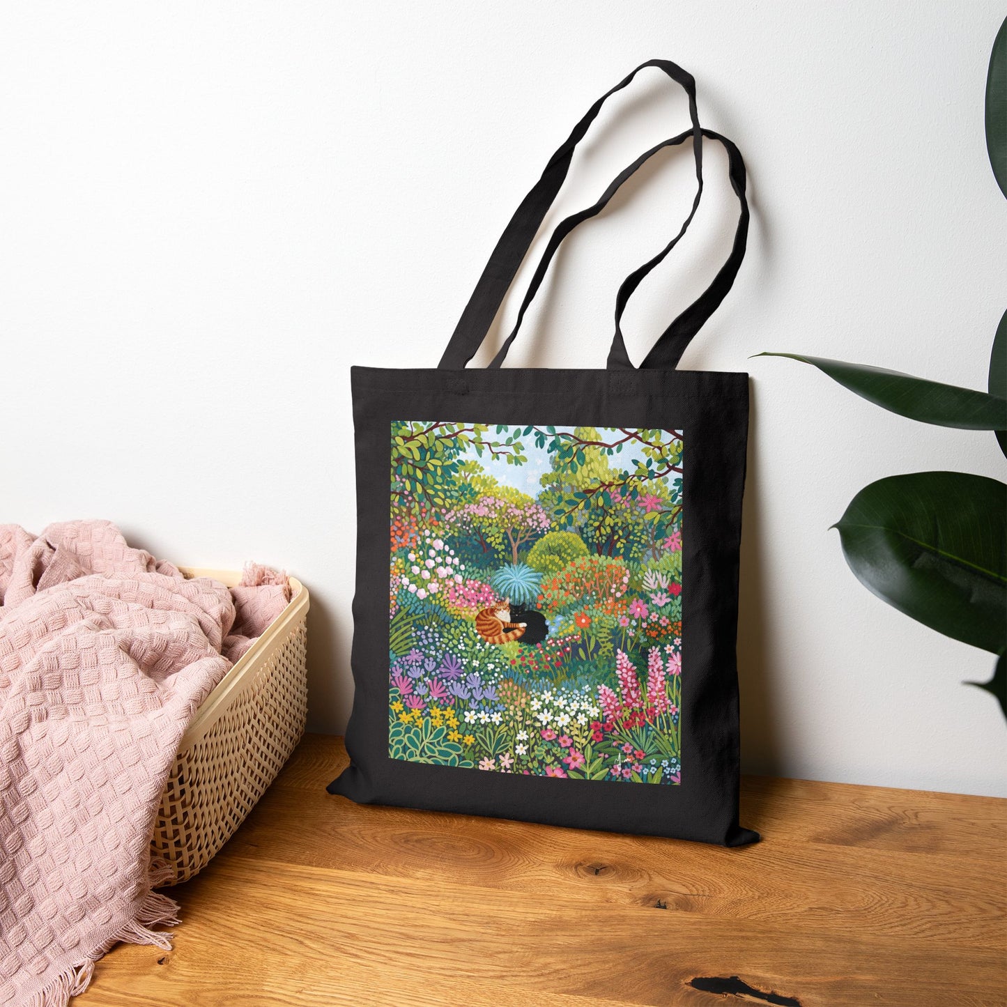 Floral Garden Tote Bag - Eco-Friendly Carryall for Nature Lovers, Reusable Shopping Bag, Gift for Her, Summer Outings, Art-Inspired, Cute Cat Couple Tote Bag