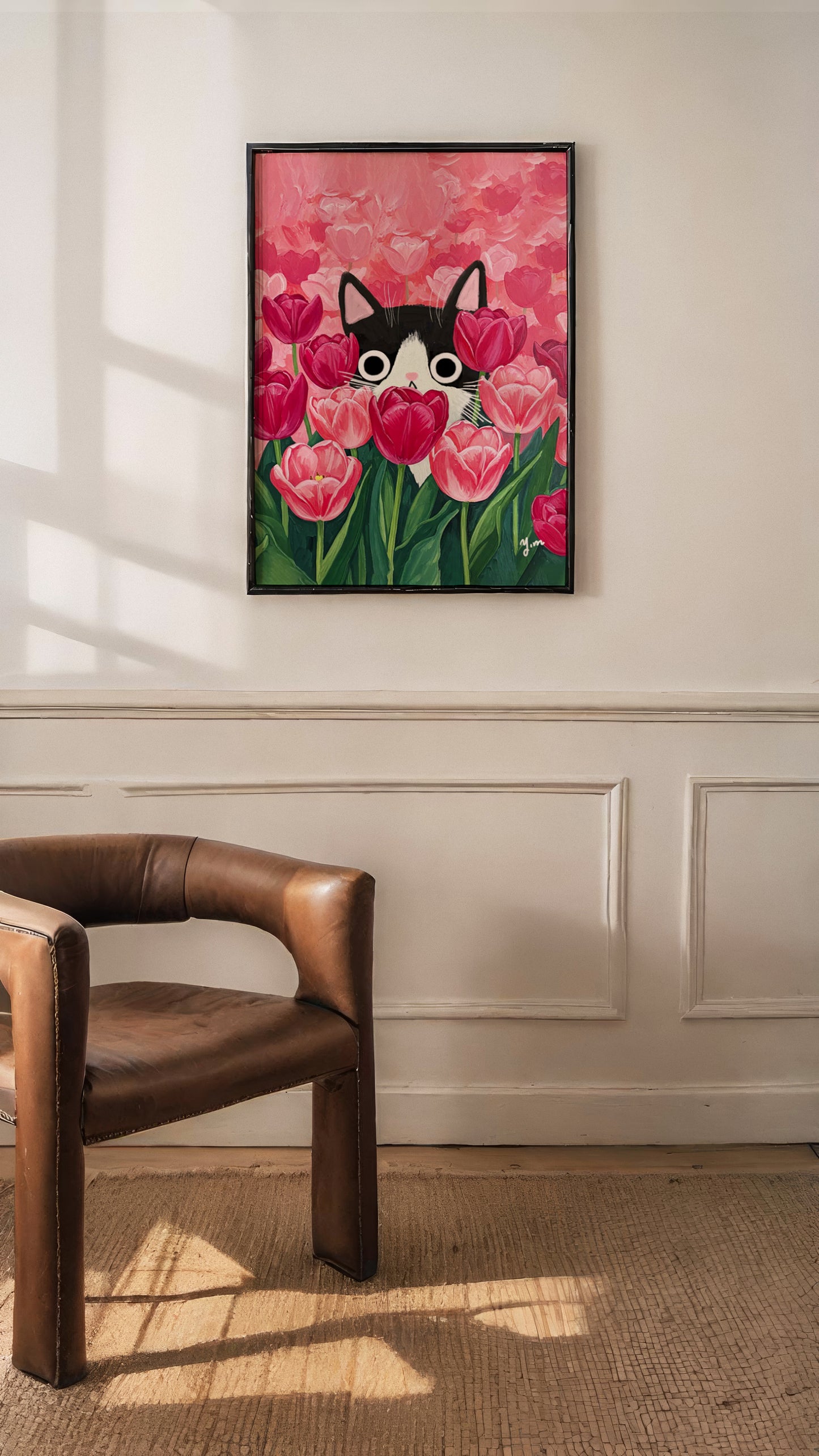Cat Peeking Through Pink Tulips Art Print Cute Floral Wall Art for Cat Lovers Spring Nature Inspired Home Decor Botanical Animal Poster