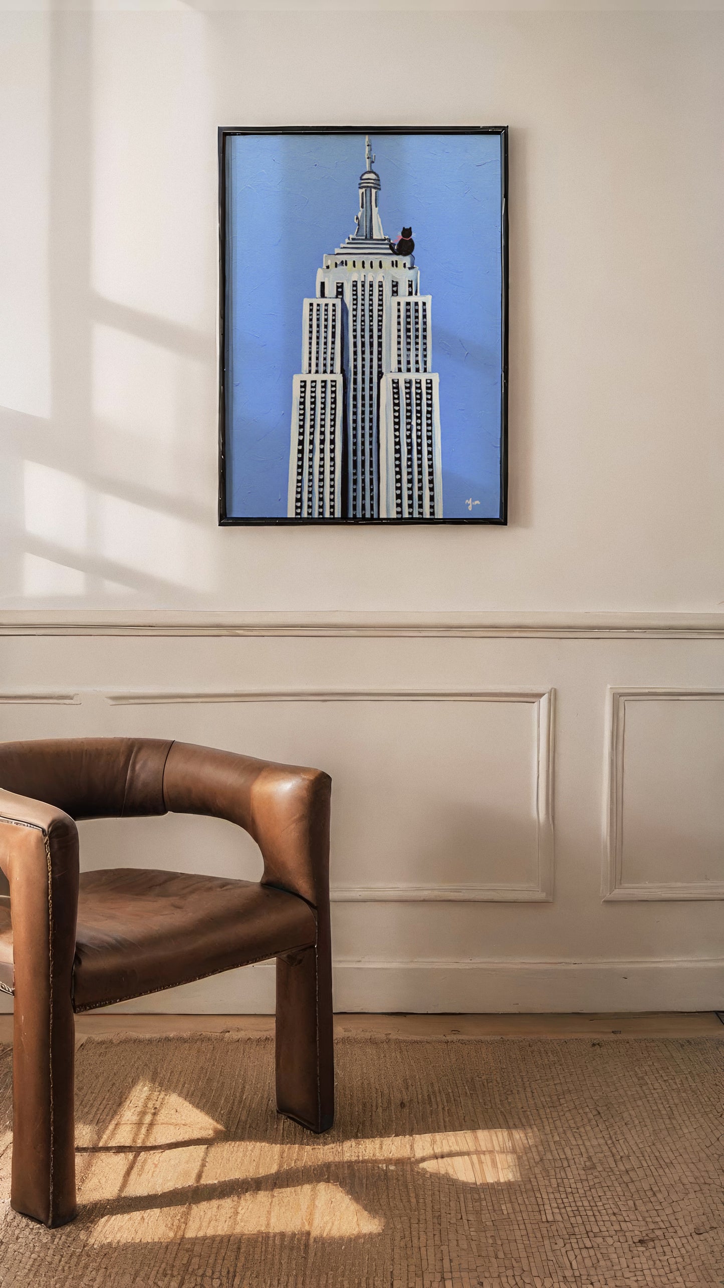 Cat on a Rooftop in New York City Blue Sky and White Building Wall Art Print Poster