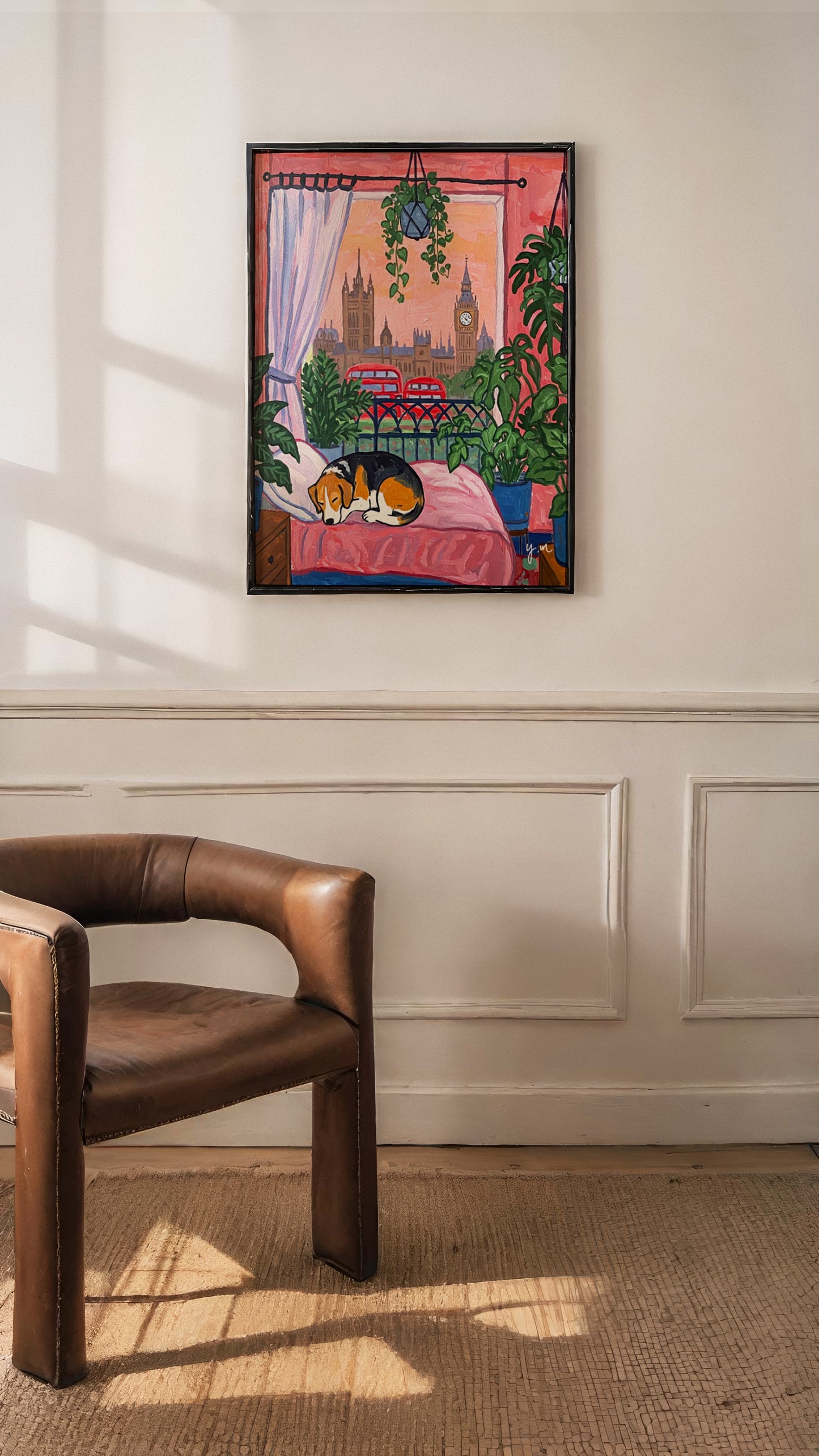 Sleeping dog on bed in a cozy plant filled room with a beautiful view of London cityscape Poster