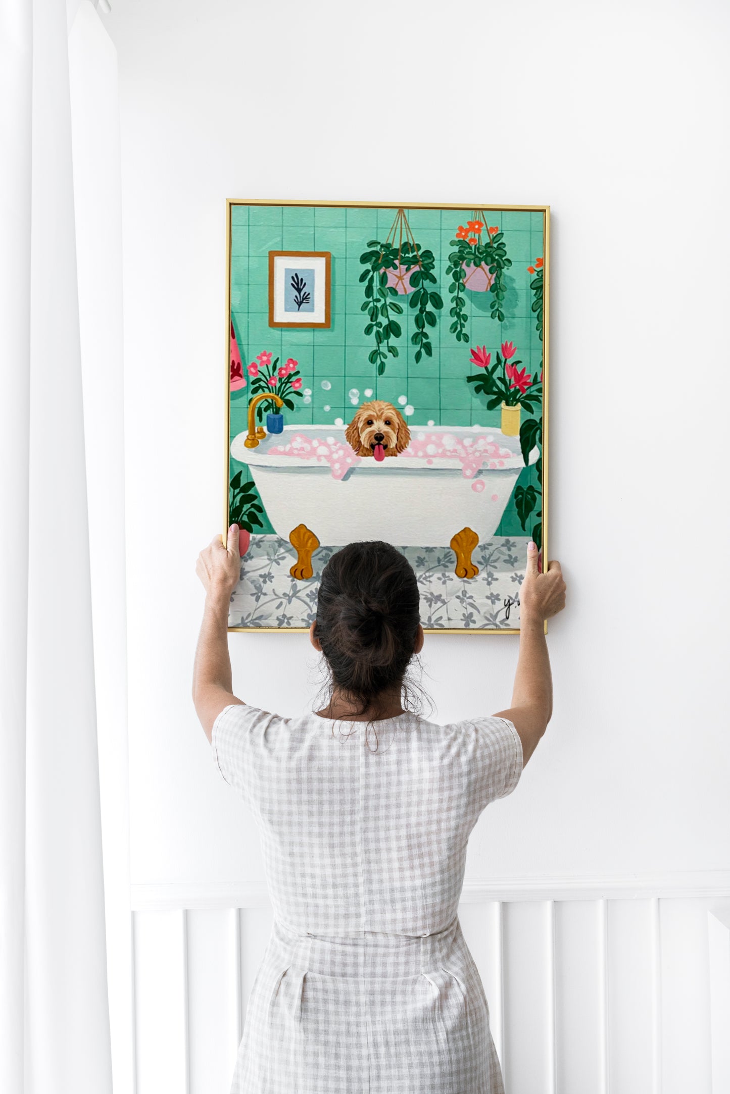 Cute Dog in Bubble Bath Wall Art Botanical Bathroom Print with Plants and Flowers Dog Lover Home Decor Poster