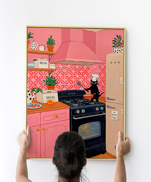 Trendy Aesthetic Black Cat Chef in Pink Kitchen – Cute Cooking Wall Art for Cat Lovers & Kitchen Decor Print Cat Lover Gift